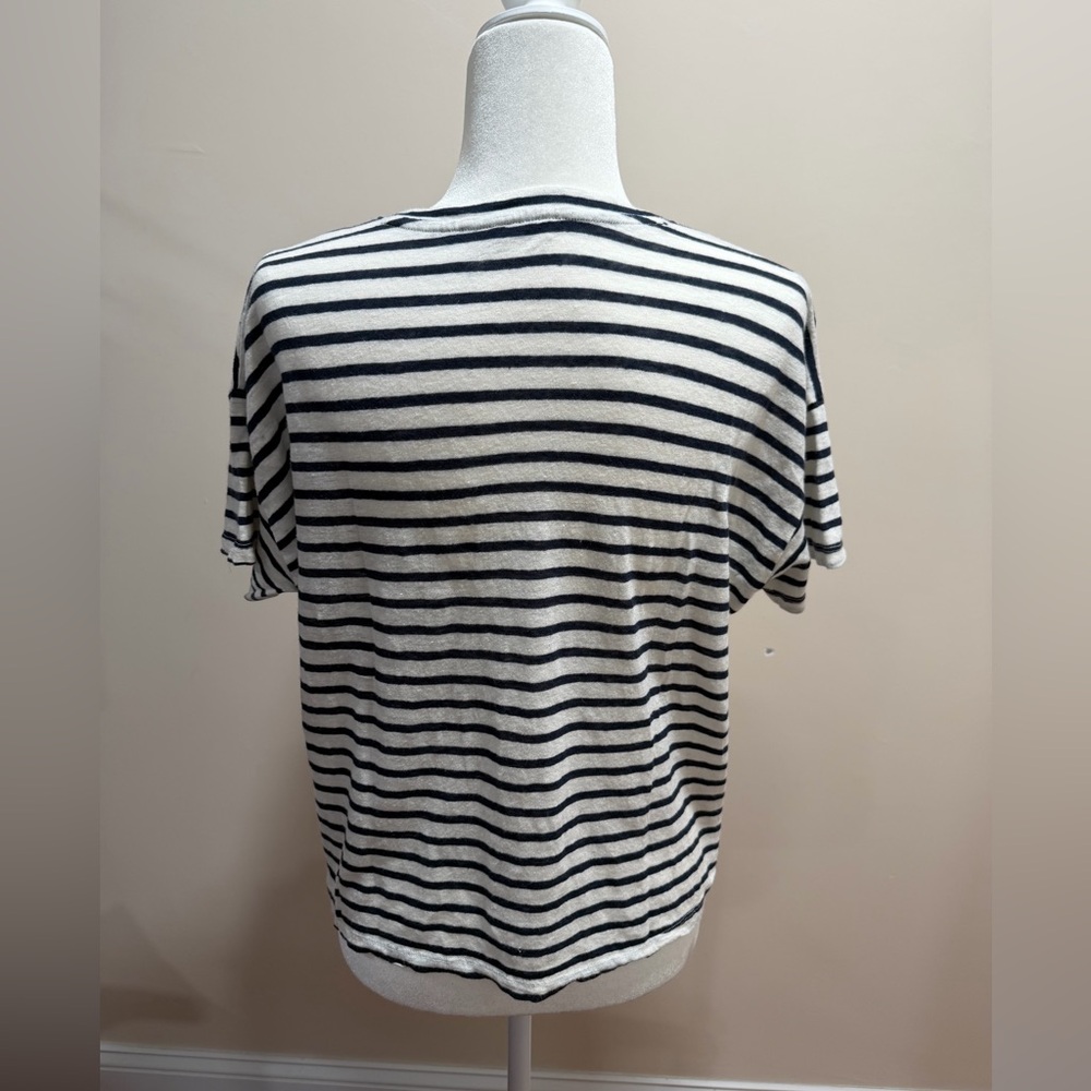 Faherty Navy & White Striped Sonoma 100% Linen Pocket Short Sleeve Tee Top Sz. M - Picture 5 of 8